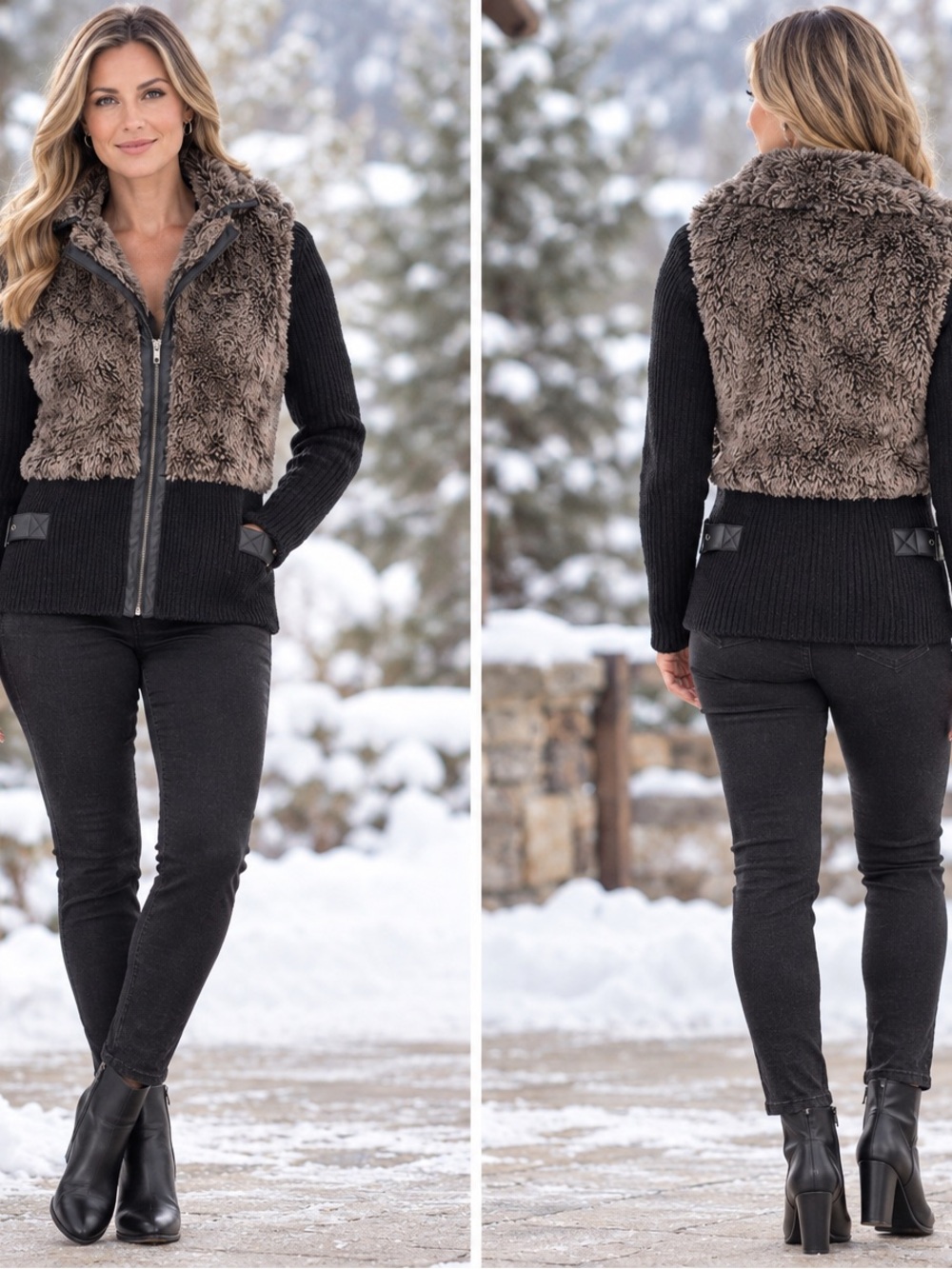 Charlotte Russe Y2K Faux-Fur & Black Sweater Knit Zip Jacket SZ L